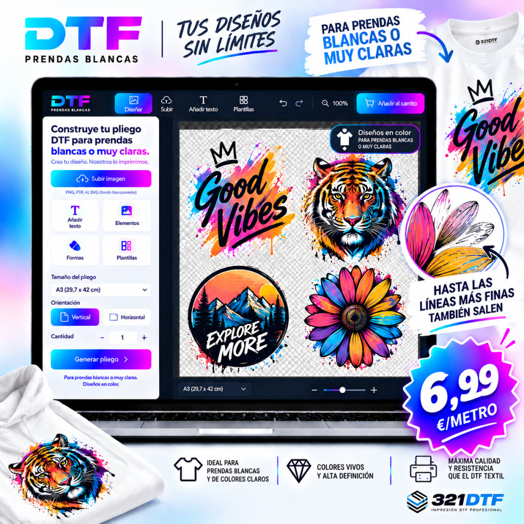 Construye tu pliego DTF textil para PRENDAS BLANCAS online | Diseña y personaliza fácilmente